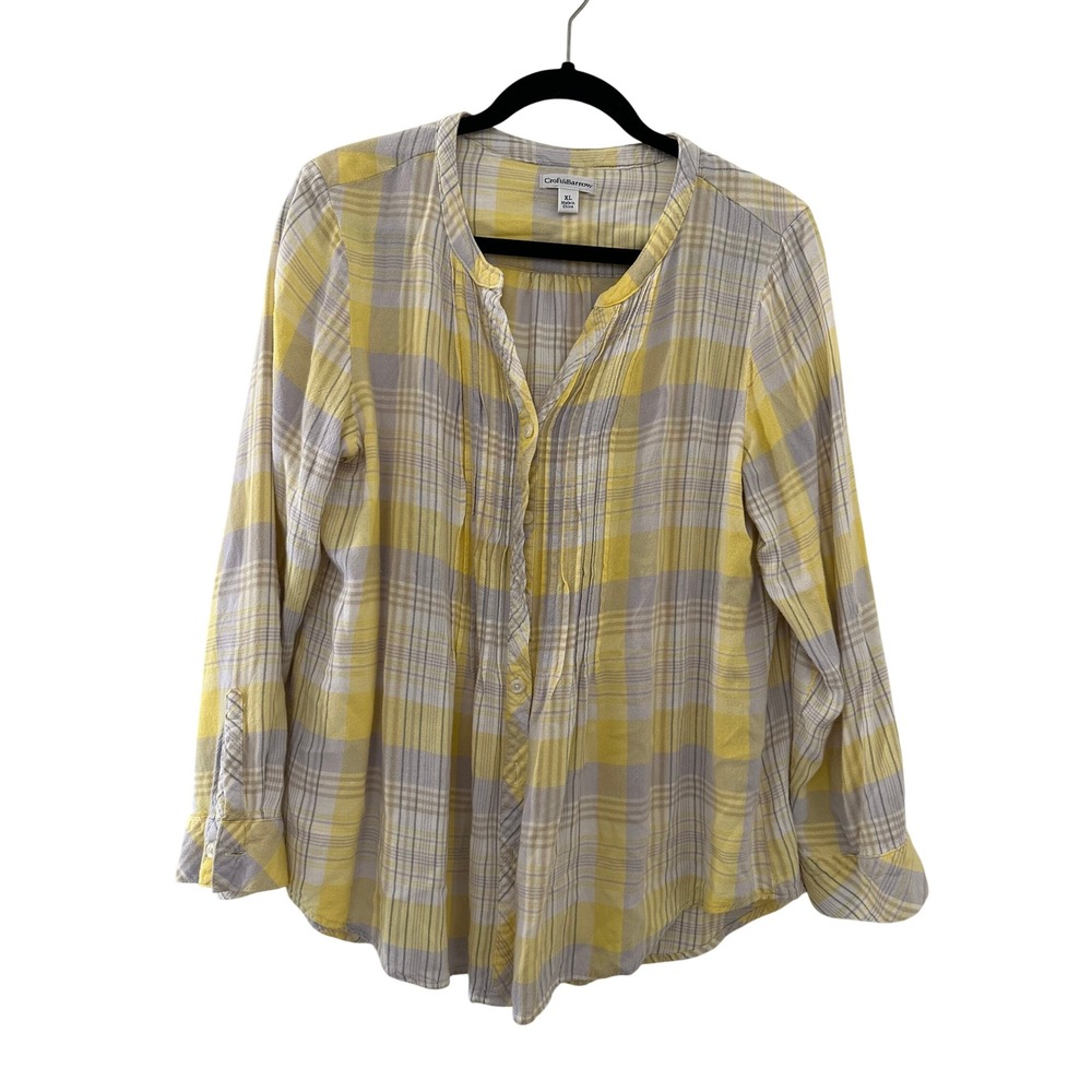 Croft & Barrow Womens XL Yellow Grey Plaid Pintuck Top Cozy Western Boho Gingham